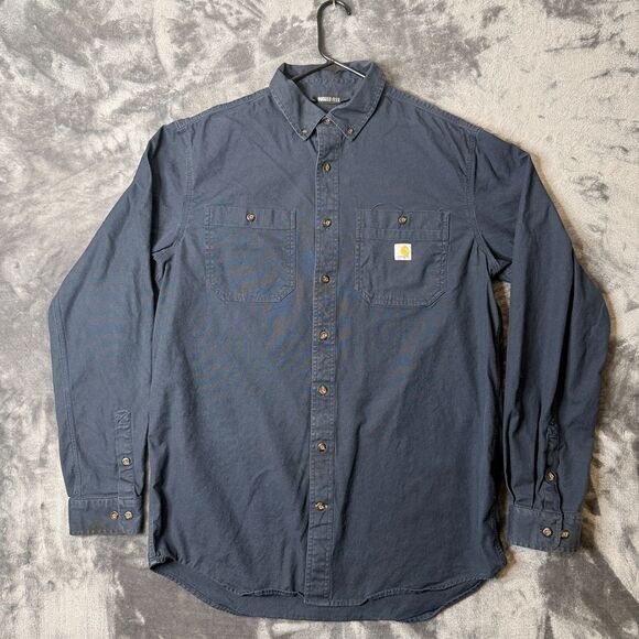 Carhartt Button Up Long Sleeve Navy Blue Collard Double Pocket Relaxed Fit - Picture 1 of 6